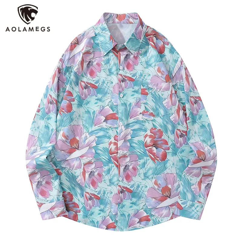 

Streetwear Retro Colorblock Floral Graffiti Print Long Sleeve Shirt for Men Autumn Fashion Lapel Single Breasted Hawaiian Shirts