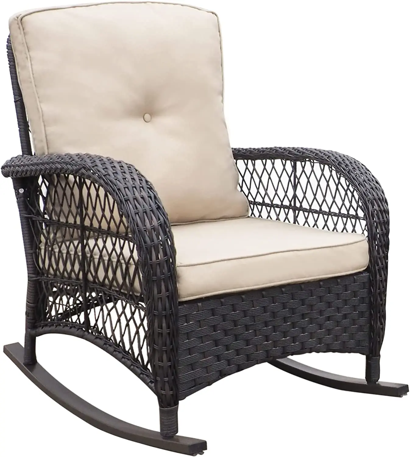With Olefin Cushions, Patio Yard Furniture Club Rocker Chair, Black Wicker & Khaki Cushions
