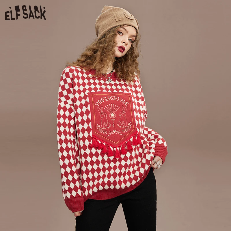 ELFSACK Red Plaid Pullover Sweaters Women 2023 Spring Loose Basic Daily Tops