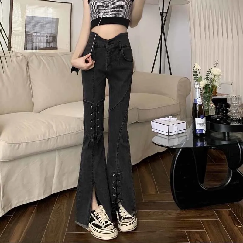 

Джинсы женские в готическом стиле, бандажные Брюки-клеш из денима с темными карманами, винтажные модные брюки в стиле Харадзюку, хип-хоп, уличная одежда в Корейском стиле