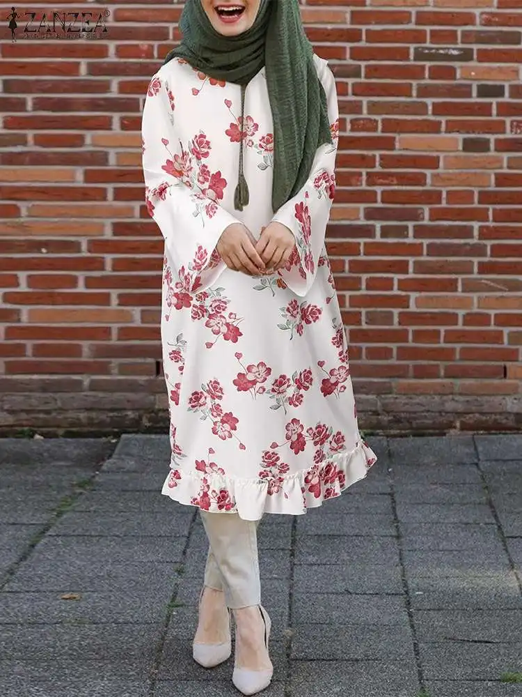 

ZANZEA Fashion Women Floral Muslim Blouse Spring Long Sleeve Vintage Printed Long Tops Casual Ruffles Hem Blusas Oversize Tunic
