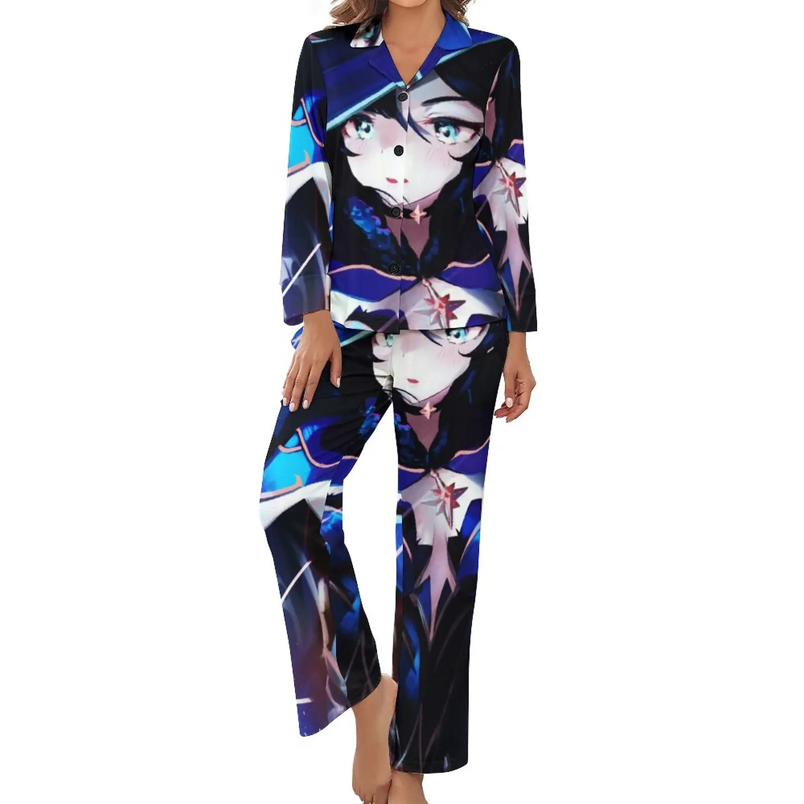 

Mona Genshin Pajamas Anime Figure Long-Sleeve Soft Pajama Sets 2 Pieces Leisure Spring Pattern Sleepwear Birthday Gift