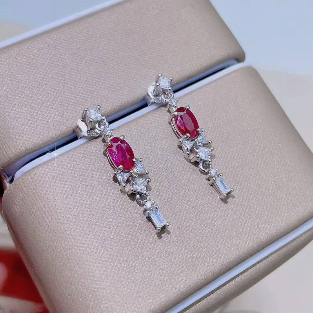 

Elegant Silver Ruby Stud Earrings Total 1ct 4mm*6mm Natural Myanmar Ruby Earrings 925 Silver Gemstone Jewelry