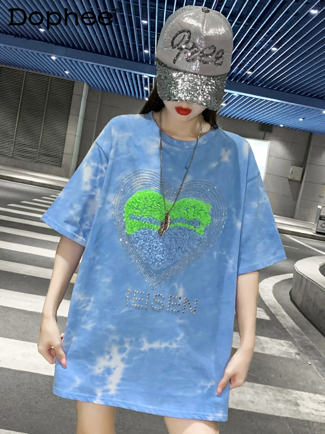 

Three-Dimensional Love Rhinestone Tie-Dyed Short-Sleeved T-shirt Women Loose Casual Tshirt Dress Summer 2022 New Mid-Length Top