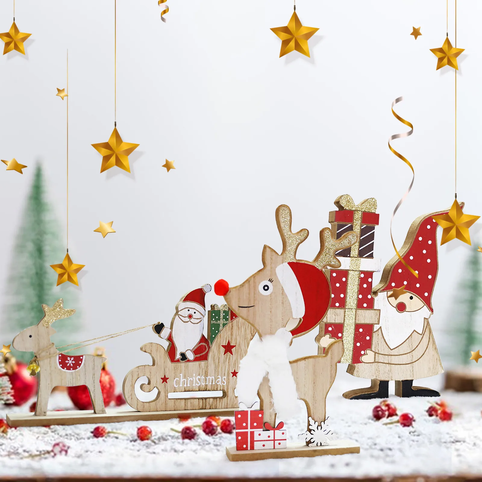 

Винтажный набор орнаментов, винтажное Рождественское украшение, рождественские украшения, тележка, настольные Деревянные маленькие украш...