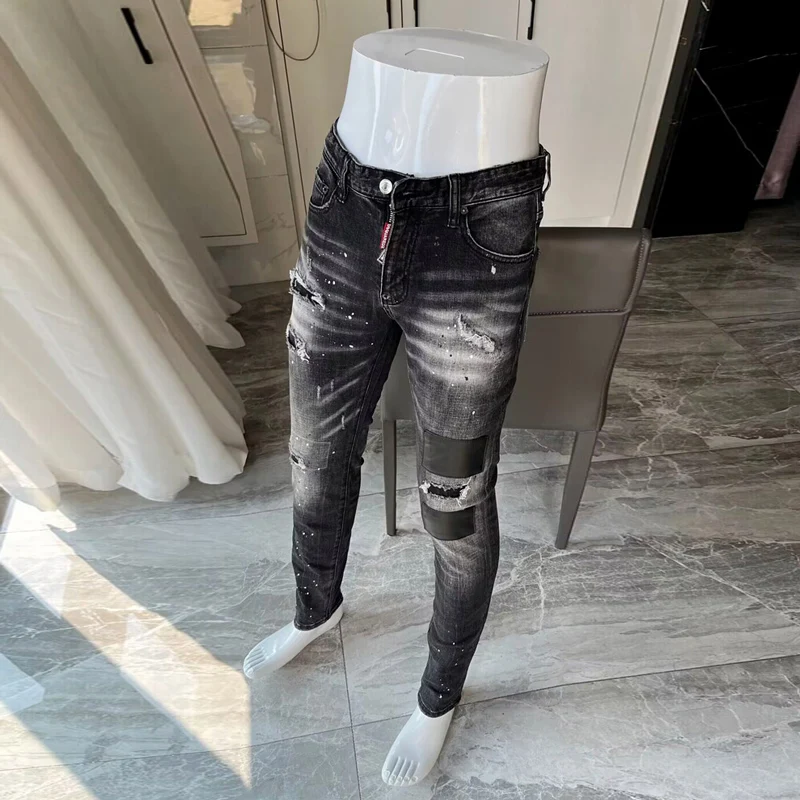 Street Fashion Men Jeans Retro Black Gray Elastic Skinny Ripped Jeans Men Leather Patched Designer Hip Hop Brand Pants Hombre