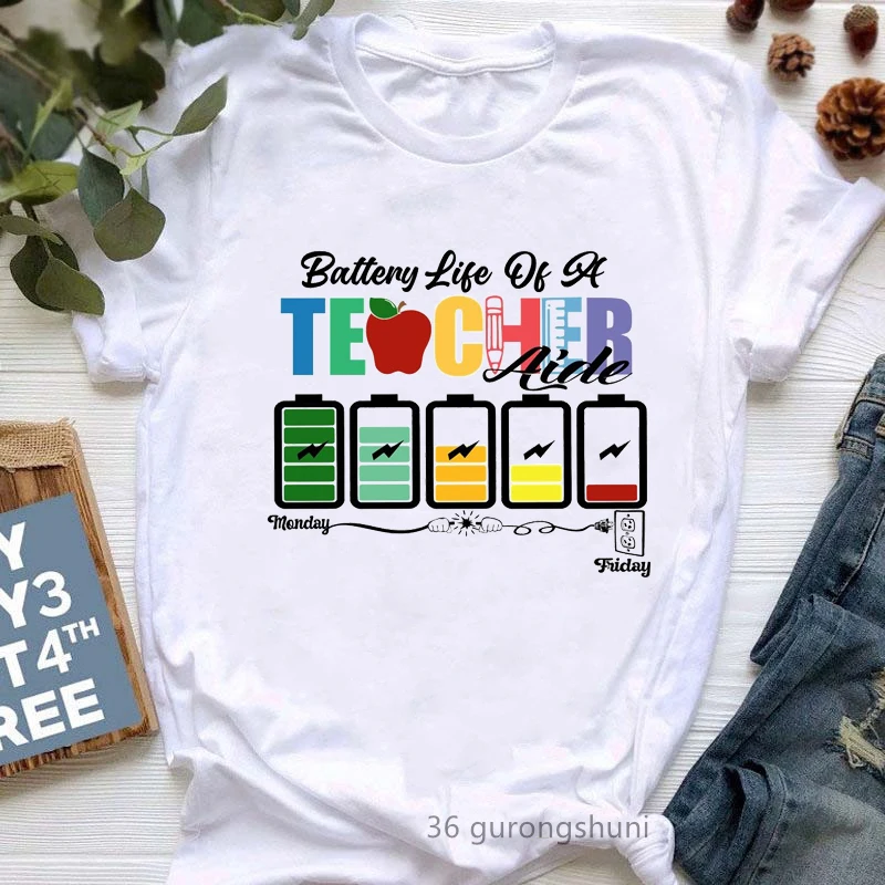 

Fashion Battery Life Of A Teacher Monday To Friday Graphic Print T-Shirt Women White Short Sleeve Tshirt Femme Harajuku Shirt