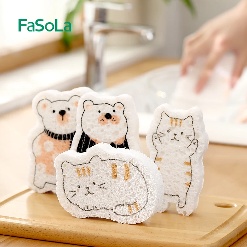 

FaSoLa Compressed Dish Washing Wood Pulp Cotton kitchen Water-absorbing Scrub Pot Sponge Brush Cartoon Durable Cleaning Sponge