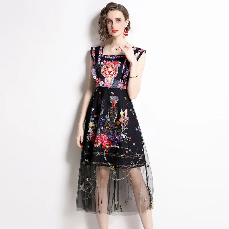 

2022 Runway Summer Dress Women Animal Print Heavy Industry Mesh Embroidery Slim Fashion Elegant Mid-length Dresses Vestidos