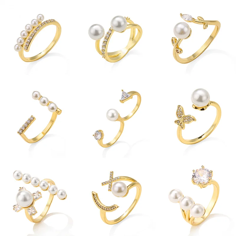 

JUNZI New Simulated Pearl Jewelry Charm Cubic Zirconia Adjustable Open Rings for Women Girl Fashion Wedding Party Accessories