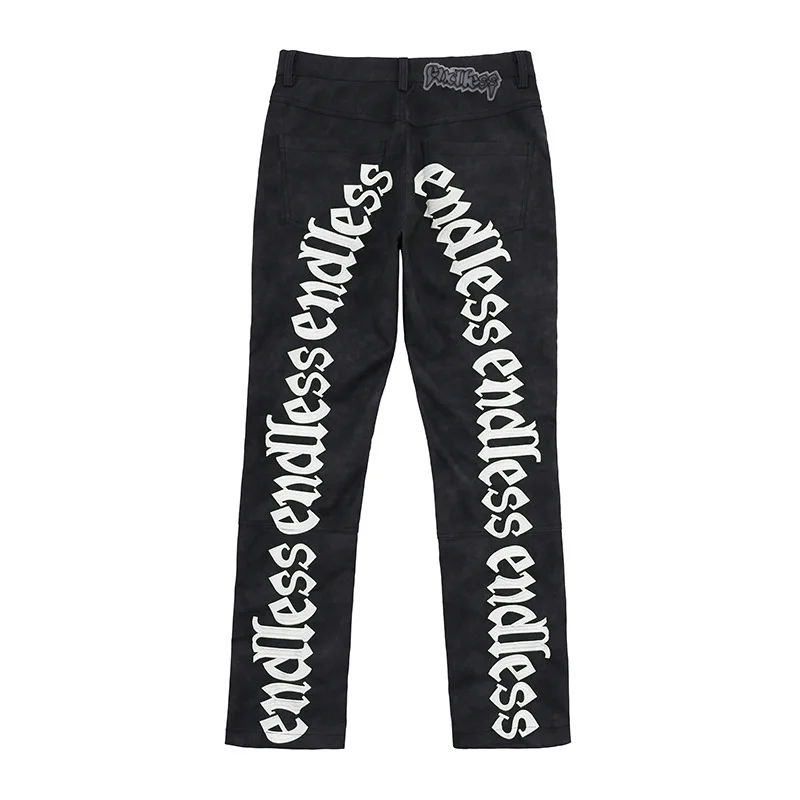Embroidery Letter Trousers Men's High Street Dark Leather Pants Retro Casual Trousers FG