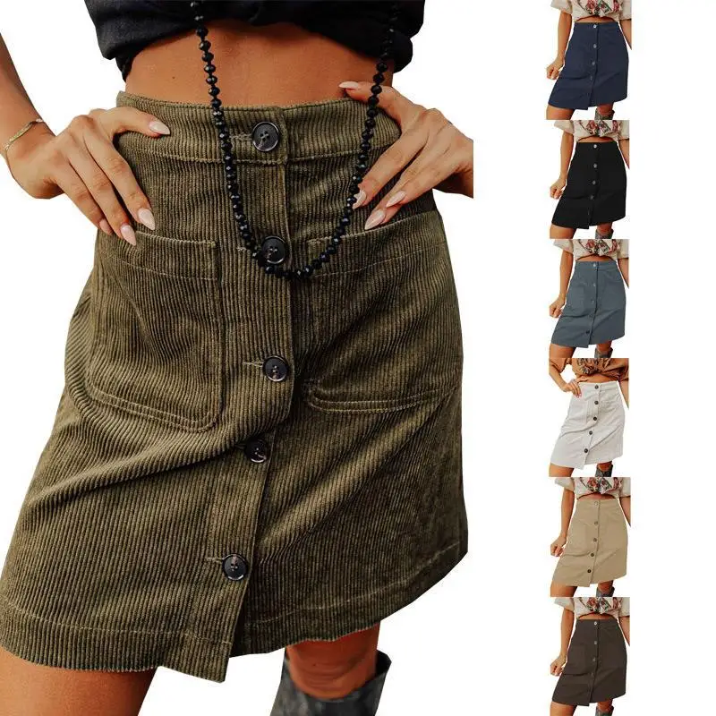 

2022 Europe and the United States autumn and winter new corduroy skirt high waist all-match skirt breasted design short skirt