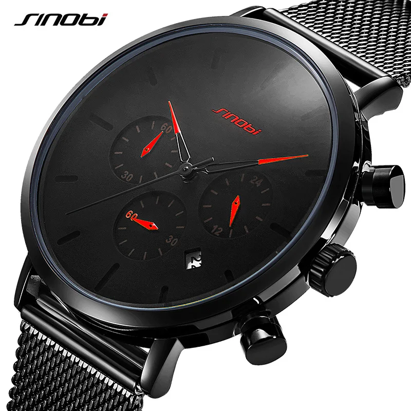 

Креативные мужские часы SINOBI, светящиеся Роскошные деловые мужские кварцевые наручные часы, мужские спортивные часы с сетчатым браслетом из нержавеющей стали