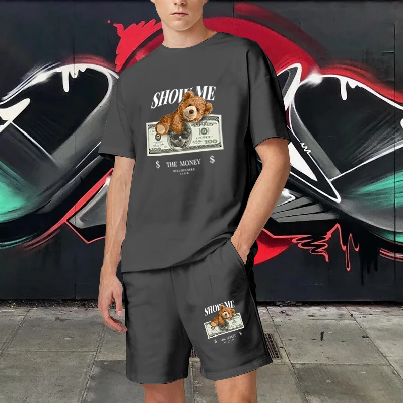 Summer Shorts Tracksuit Men T Two Piece Sets Short Sleeve Anime Shirt Cartoon Bear Print Cotton Streetwear Sports Suit Plus Size