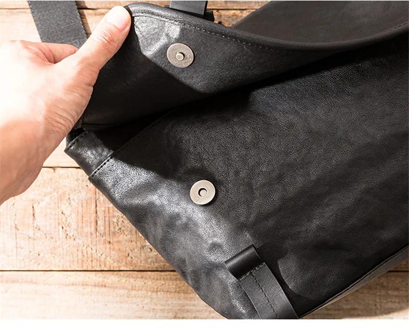 Casual handmade genuine leather men's black work messenger bag outdoor youth daily luxury real cowhide tablet hasp shoulder bag
