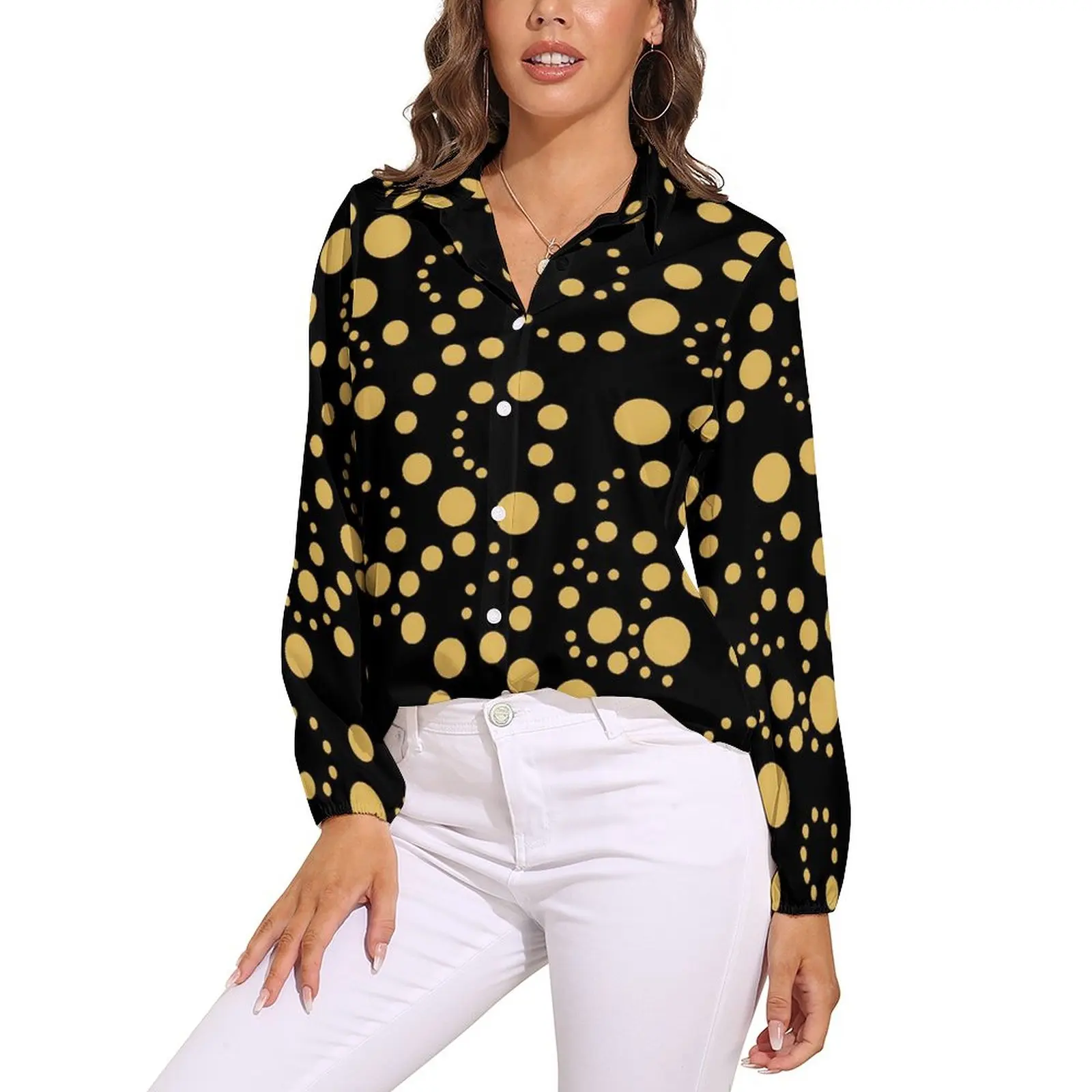 

Gold Dot Blouse Long-Sleeve Polka Dots Kawaii Blouses Female Streetwear Oversized Shirts Design Tops Gift Idea
