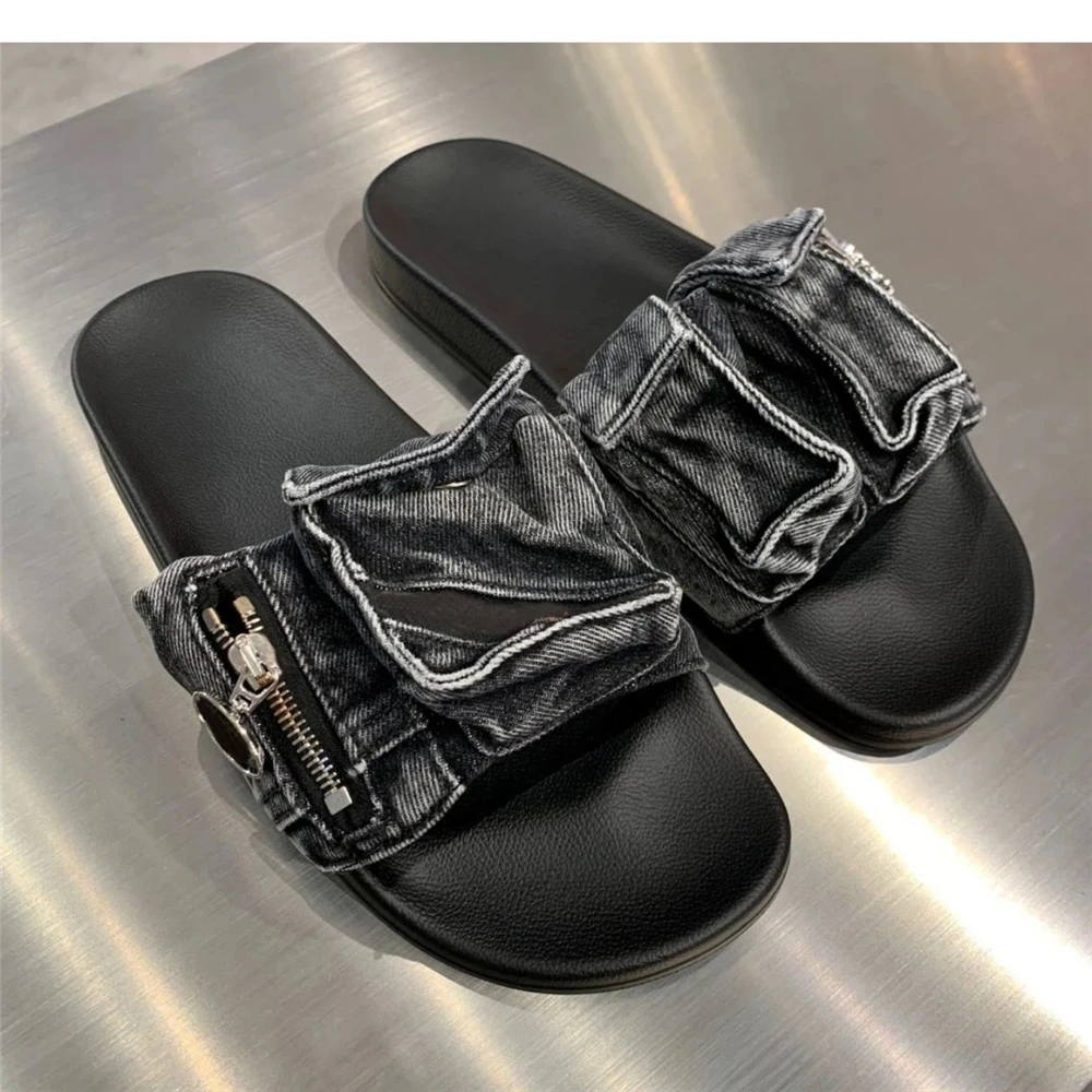 Women's New Shoes Flat Bottom Soft Sole Denim Zipper Decoration Slippers Round Toe Open Toed Beach Party Ladies Large Sandals