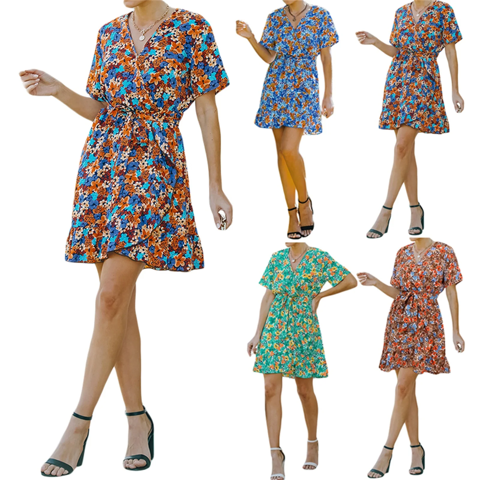 

Женское платье, летнее платье с цветочным принтом, V-образным вырезом и коротким рукавом, женская одежда