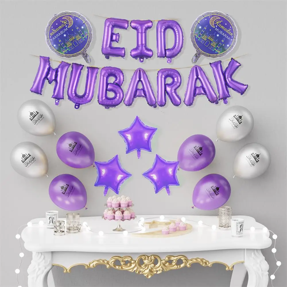 

1Set Ramadan Eid Mubarak Gold Purple Balloons Latex Balloon Moon Star Globos Anniversaire Party Mubarak Decoration Supplies