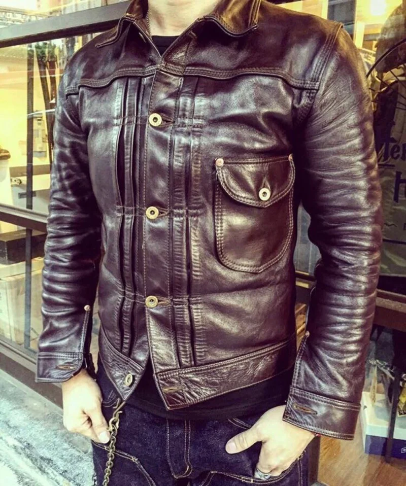 

YR!Free shipping.Luxury Vegetable tanned batik horsehide jacket,classic casual 506 style,Slim vintage genuine leather coat,