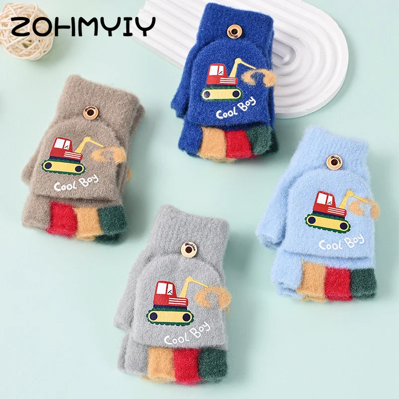 Мультяшные зимние перчатки детские полупальцевые откидные варежки уличные