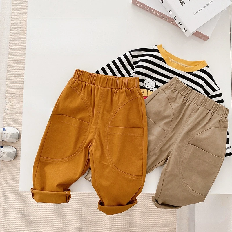 

Spring Unisex solid color cargo pants baby kids loose all-match trousers