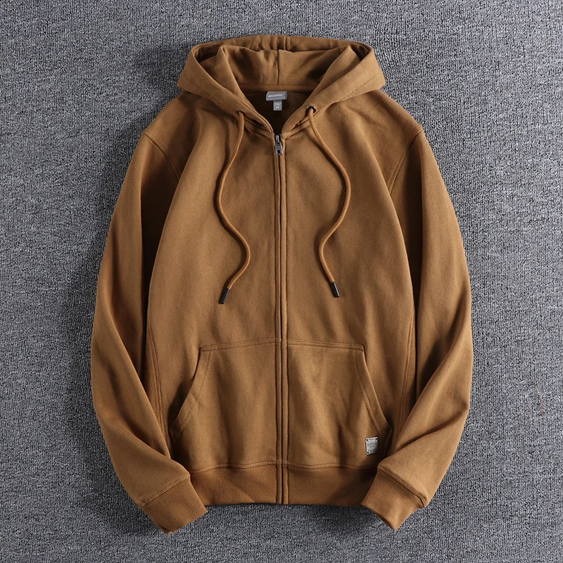 

European American washed cotton terry hooded sweater men's sports and leisure cardigan coat solid color Joker youth hoodie