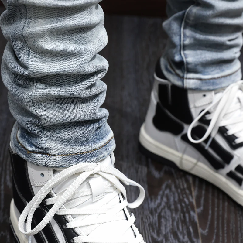 Street Fashion Men Jeans Retro Blue Stretch Elastic Broken Patched Designer Ripped Jeans Men Skinny Hip Hop Brand Pants Hombre