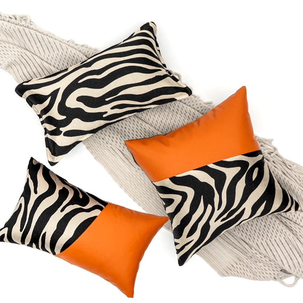

Zebra Pattern Patchwork Pillowcase Zebra Striped Jacquard Sofa Decor Cushion Cover Black Brown PU Pillow Cover For Home Hotel