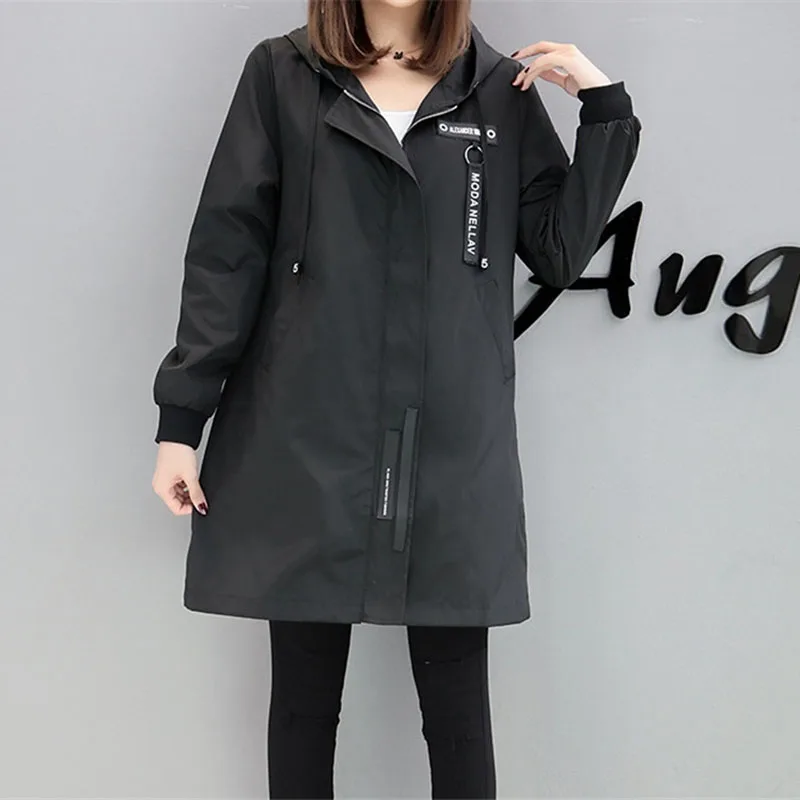 

Female Fashion Trench Coat Womens Windbreaker Coat Spring Autumn Hoodies Tops Medium Length Zipper Jacket Lady Outerwear