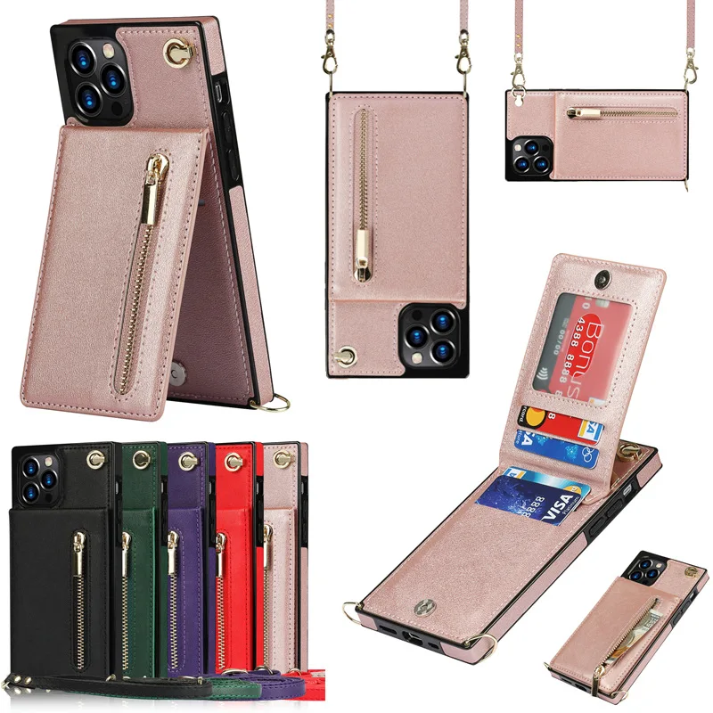 

Leather Case for iphone 14 13 12 11 Pro Max Plus Wallet Zipper Phone Case with Lanyard XR XSMAX 7P 8P Stand Protective Cover