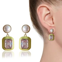 retro french style geometric pearl cz drop earrings with silver post green color earring for women