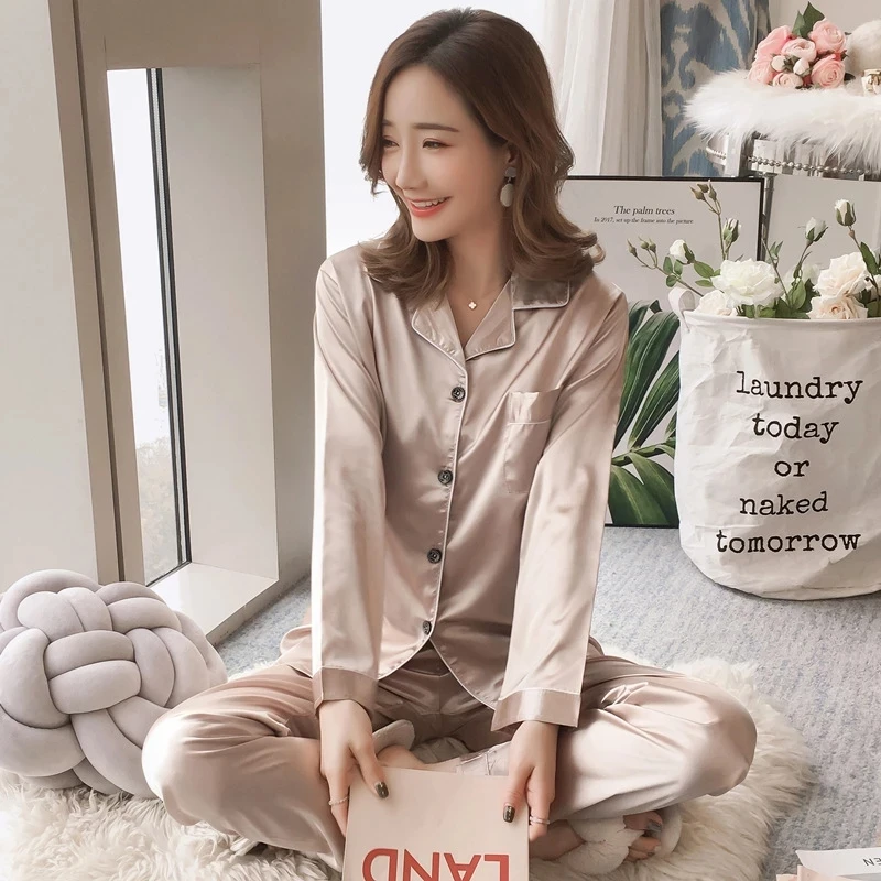 

Women Pajamas Sets 2022 Quality New Sexy Navy Satin Ice Silk Noble Sleepwear Sweet Long Sleeve luxurious Trousers Pyjamas Women