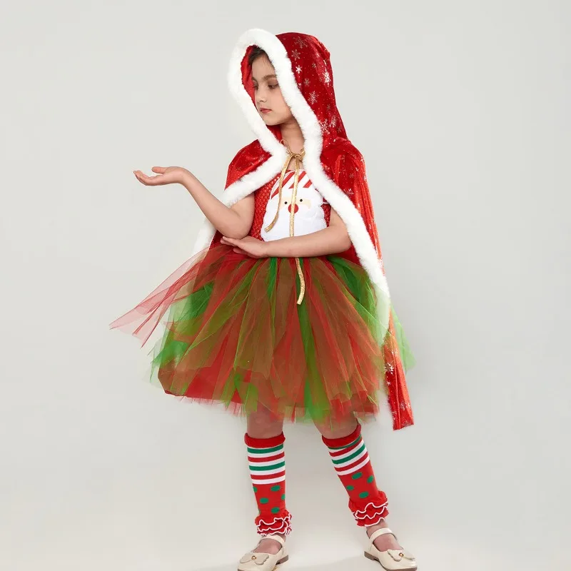 

Рождественский костюм, красное платье для девочки, детское платье для косплея, платье Санта-Клауса, новый год, карнавал, фотосессия, костюм для выступления, накидка