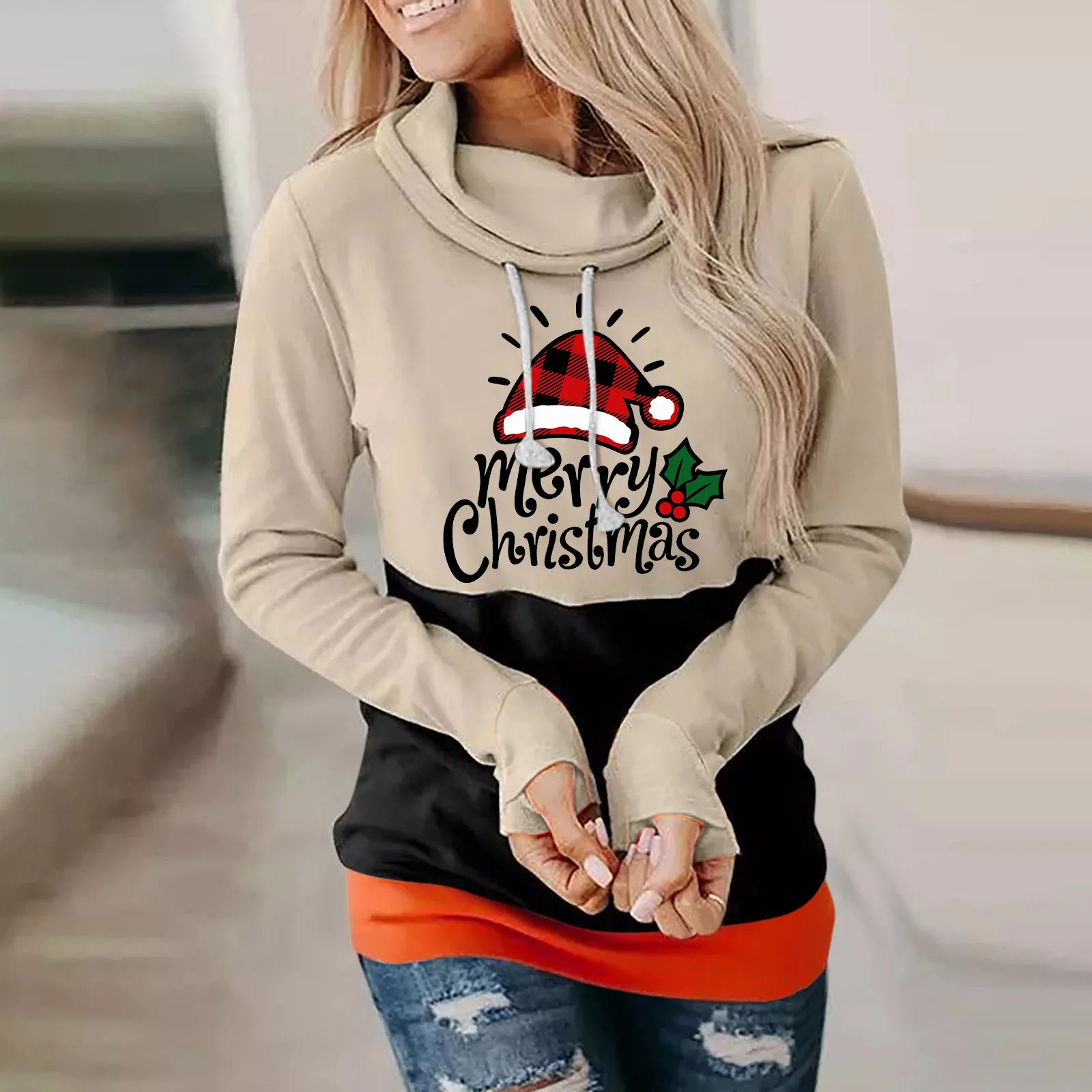 

Ladies Christmas Printed Long Sleeve Hooded Sweater Casual Top Pullover Women'S Winter Long Sleeve Drawstring Top Long Hoodie
