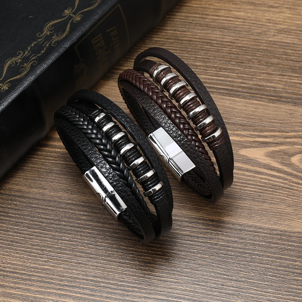 

Fashion Braided Rope Woven Multilayer Leather Men Bracelets Punk Stainless Steel Bangle for Friend Charm Jewelry Gifts