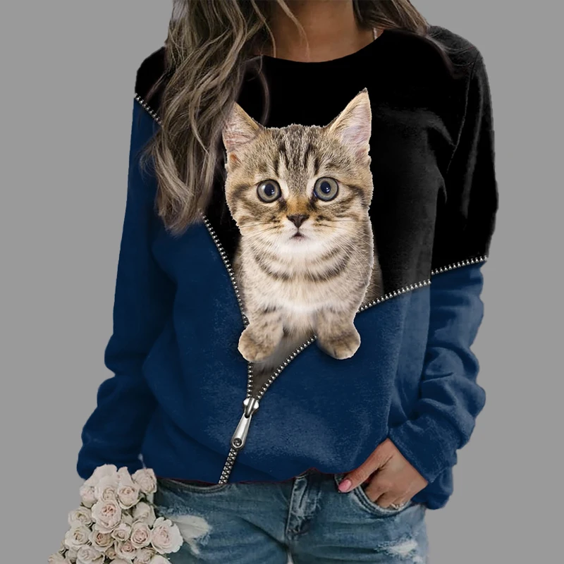 Funny Cat Print Sweatshirt Trendy Girl Favorite Couture 3D Animal  Harajuku Pullover Women Spring Fall Kpop Tracksuit Tops Coat