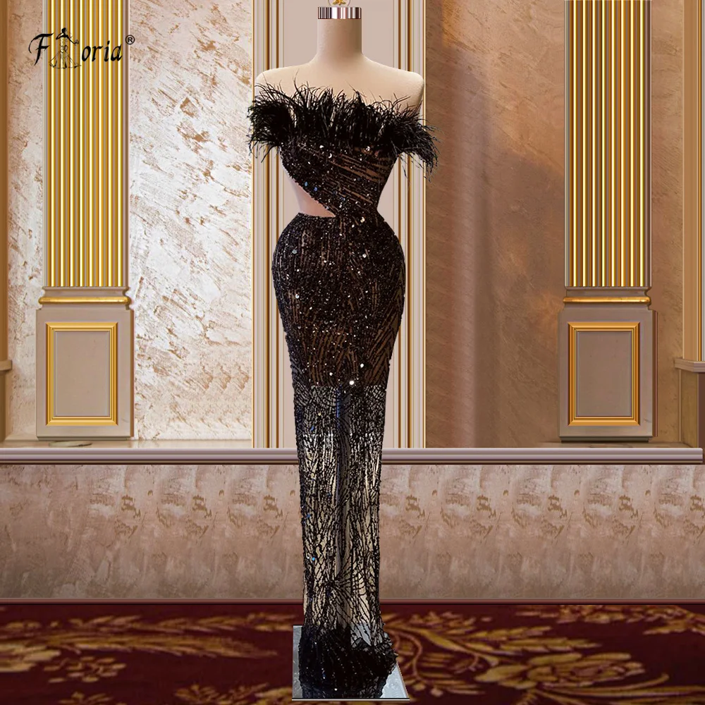 

Luxury Dubai Black Feathers Evening Dress Off the Shoulder Lace Sequins Long Prom Dresses 2021 Illusion Beads Formal Party Gowns
