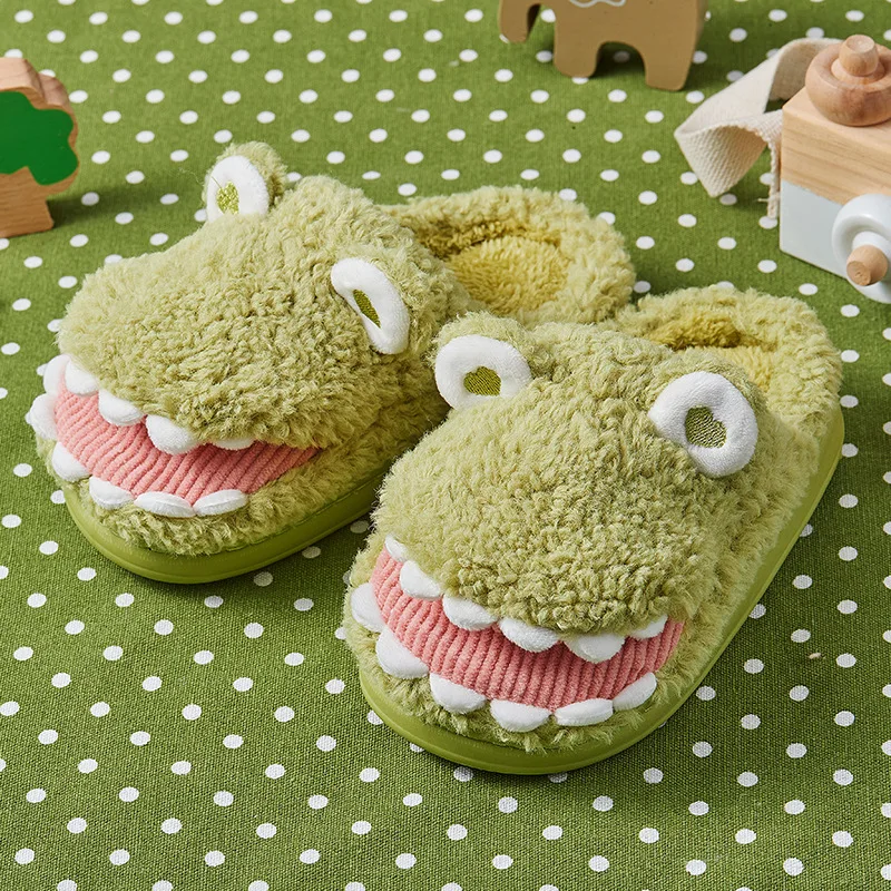 

Women Man Cartoon Crocodile Slippers Warm Fur Short Plush Strange Things Funny Slipper Memory Foam Winter House Soft Slides Shoe