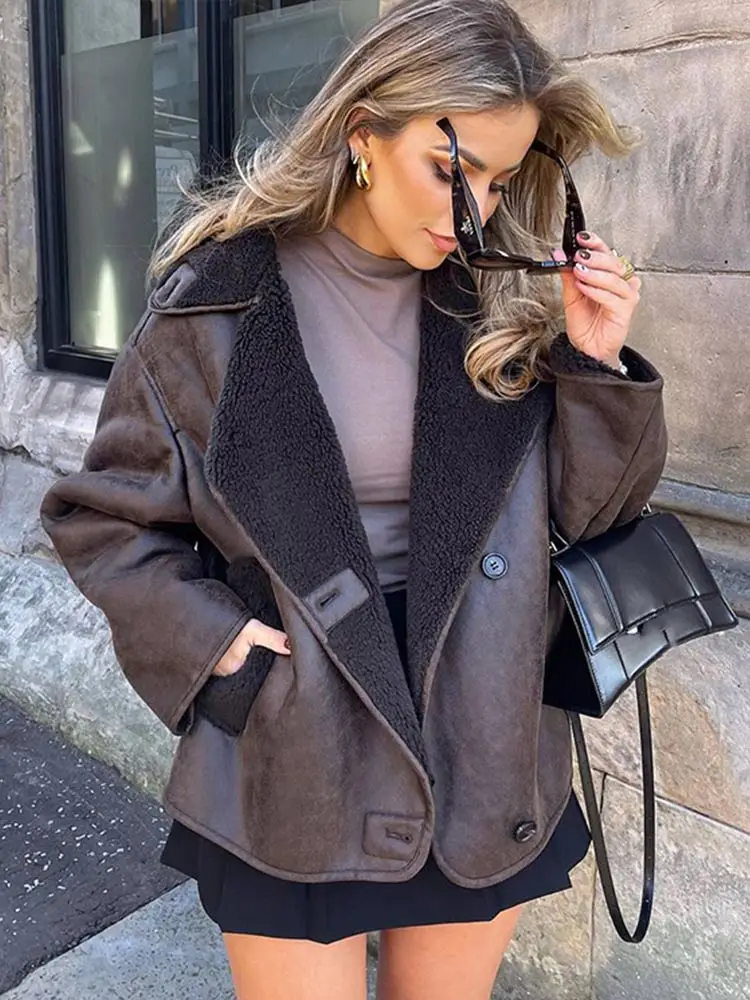 

Женская утепленная куртка из овечьей шерсти, винтажная однобортная куртка с отложным воротником в уличном стиле, Осень-зима 2023