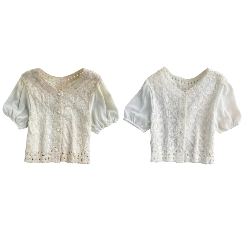 

Summer Lace Embroidered Loose Shirt Elegant Buttoned Front Jacquard Blouse 10CE