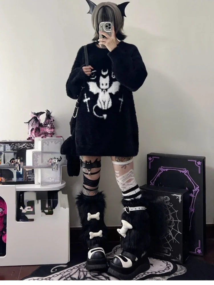 Джемпер женский вязаный в стиле Харадзюку Свитер оверсайз готическом с