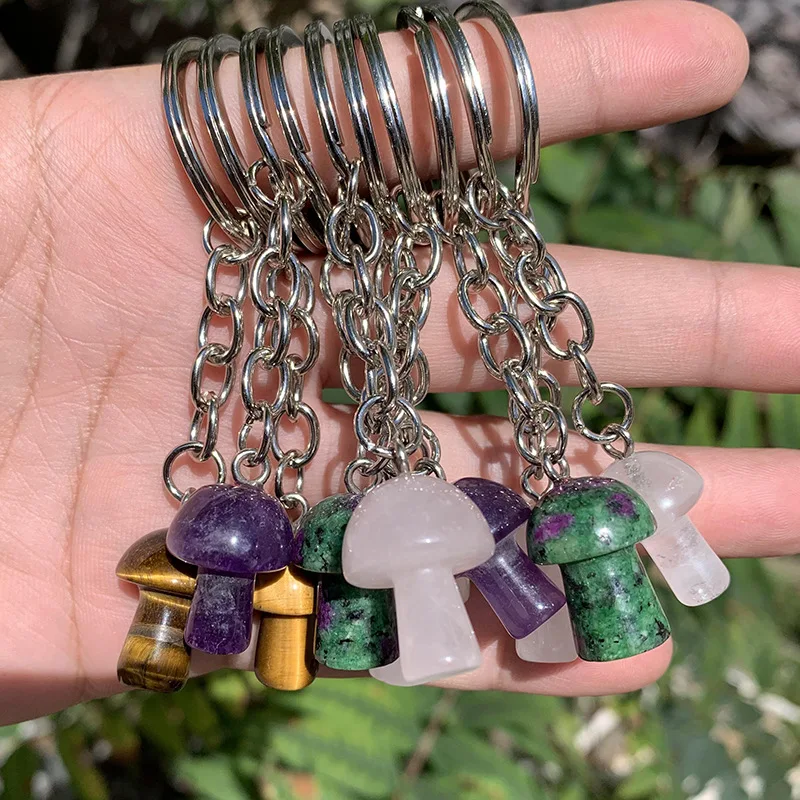 

Mini Mushroom Statue Key Rings Chains Natural Stone Carved Charms Keychains Healing Crystal Keyrings for Women Men
