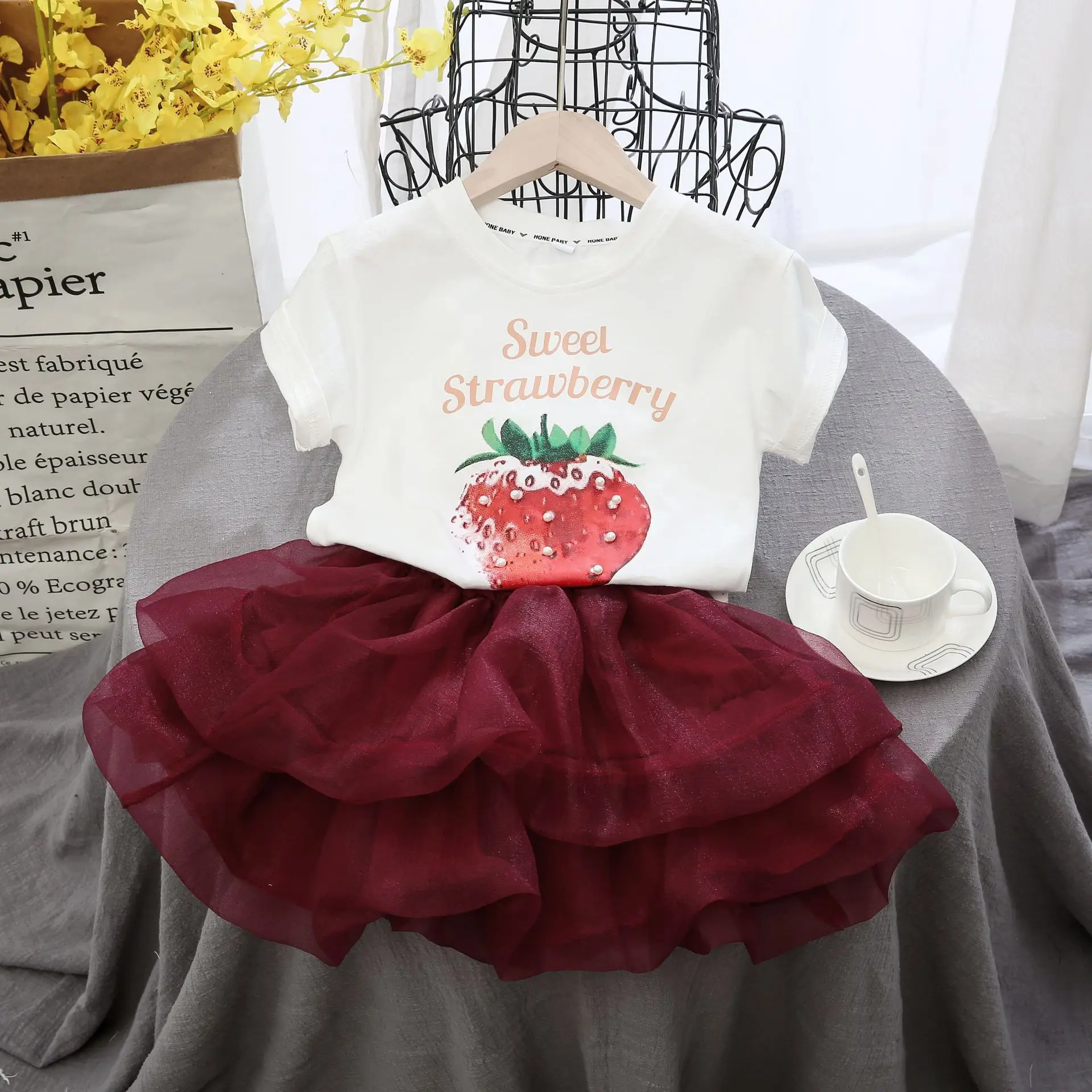 

baby girl clothes set Childrens clothing 2022 summer print short-sleeved T-shirt+tutu gauze skirt 2pcs kids girls skirt suit