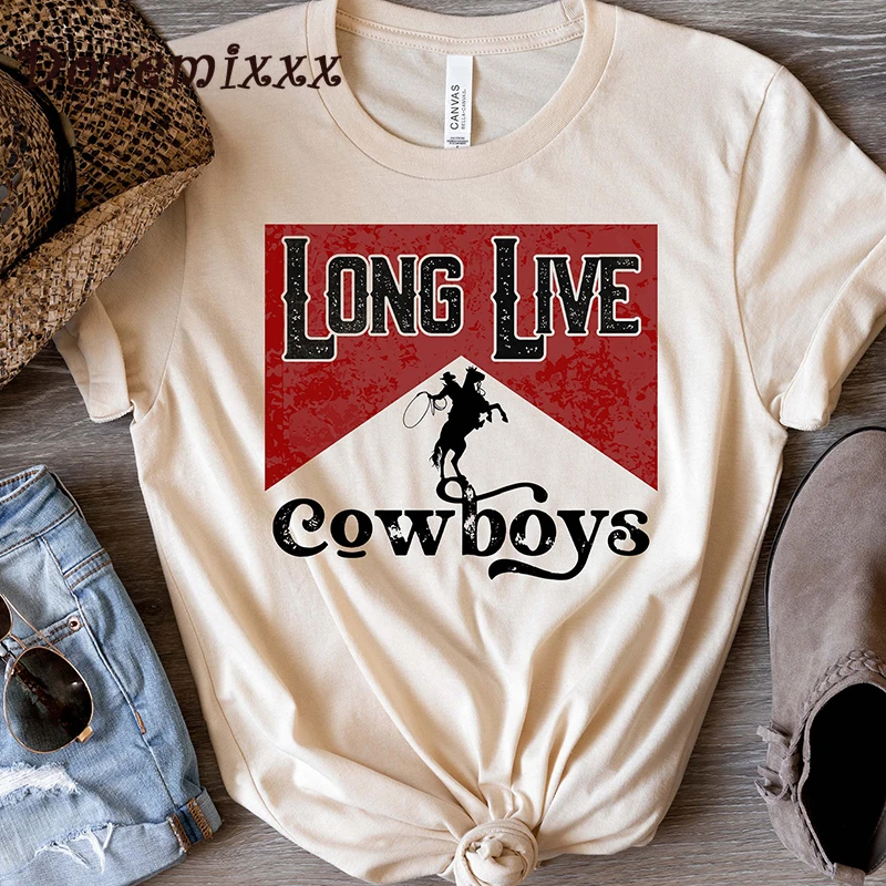 

Long Live Cowboys Print Beige Women T-Shirt Vintage Clothes Fashion Grunge Style Tee Aesthetic Shirt Female Graphic T Shirts