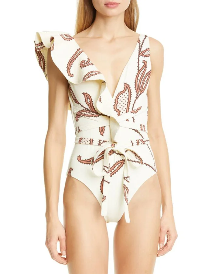 

Женский слитный купальник с V-образным вырезом и воланом