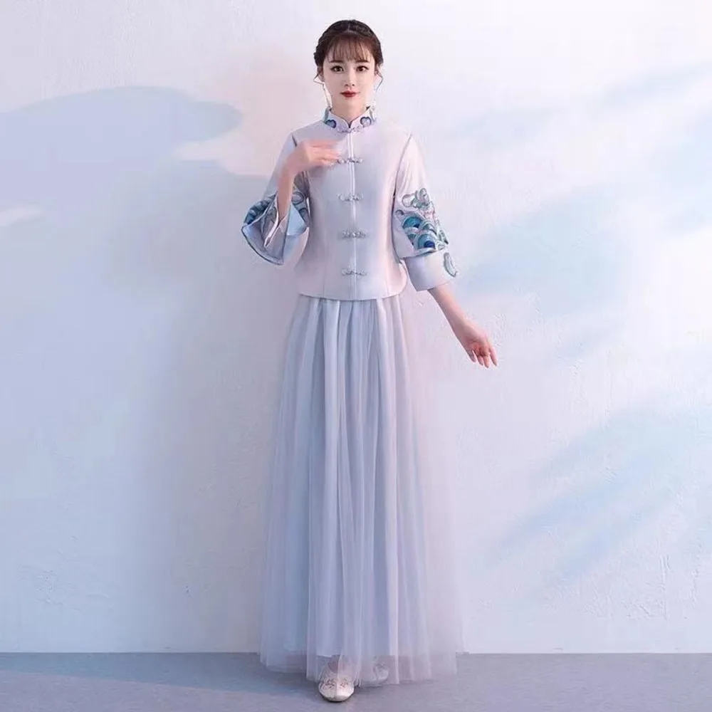 Женское вышитое платье в китайском стиле с длинным рукавом и воротником-стойкой