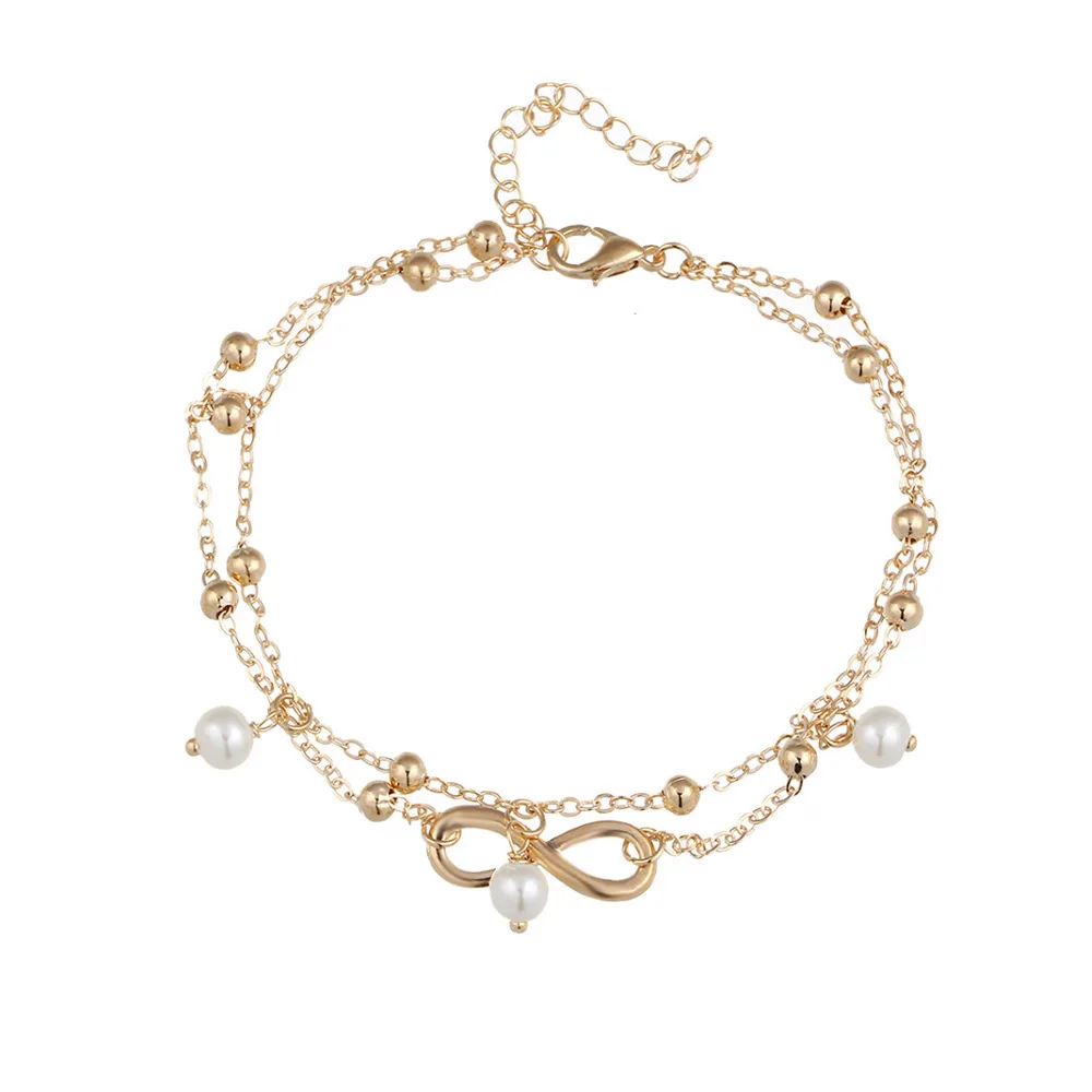 

Anklet 8-shaped golden double-layer simple pearl pendant foot accessories