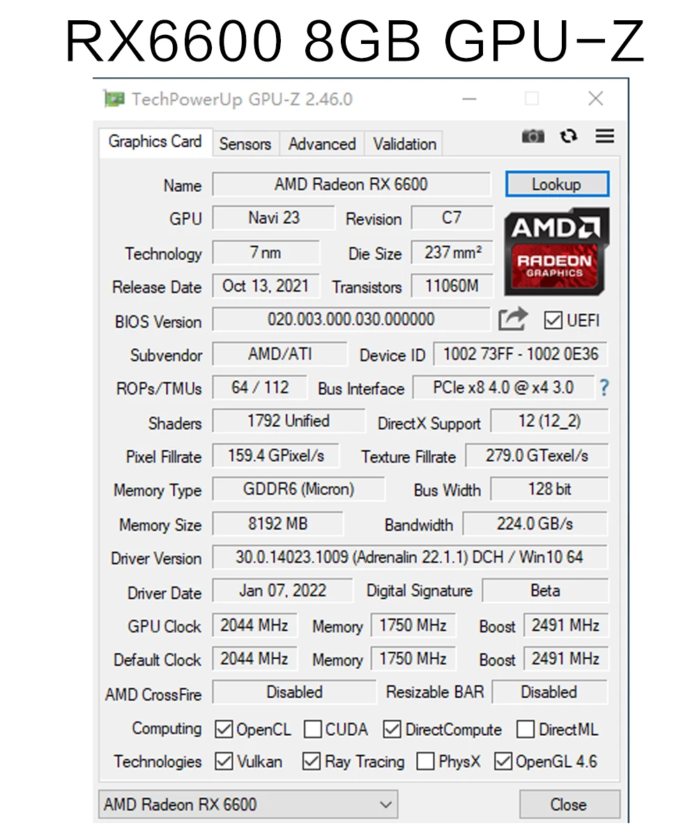 Видеокарта SHELI 51RISC RX6600 8 Гб GPU GDDR6 128 бит 14 Гбит/с 7 нм новая видеокарта поддержка