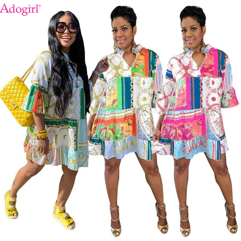 

Платье-рубашка с принтом золотых цепочек Adogirl, лето 2022, женские свободные повседневные Мини-платья с V-образным вырезом, расклешенными рукавами и оборками, женская уличная одежда